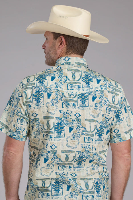 Roper Mens Tropical Resort Print Brown/Blue 100% Cotton S/S Shirt