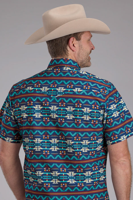 Roper Mens Horizontal Navajo Aztec Blue/Red 100% Cotton S/S Shirt