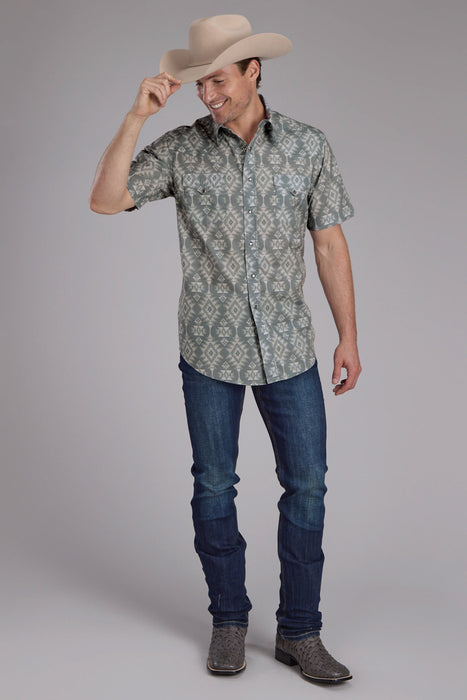 Roper Mens Horizontal Scribble Aztec Grey 100% Cotton S/S Shirt