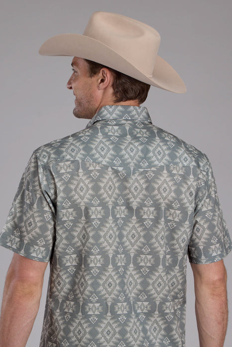 Roper Mens Horizontal Scribble Aztec Grey 100% Cotton S/S Shirt