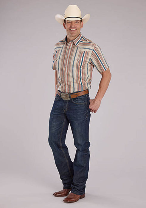 Roper Mens Southwest Vertical Stripe Tan 100% Cotton S/S Shirt