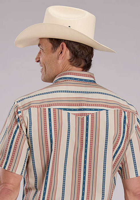 Roper Mens Southwest Vertical Stripe Tan 100% Cotton S/S Shirt
