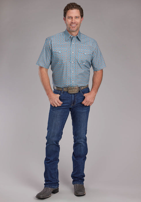 Roper Mens 2381 Tile Foulard Turquoise 100% Cotton S/S Shirt