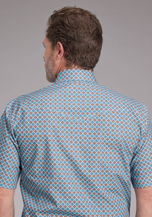 Roper Mens 2381 Tile Foulard Turquoise 100% Cotton S/S Shirt
