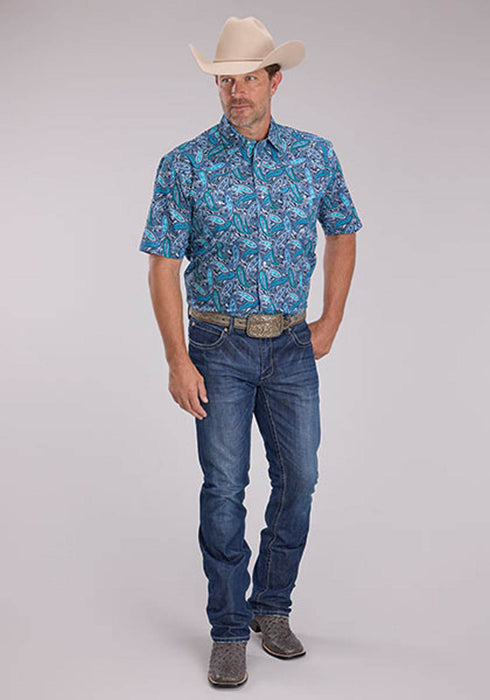 Roper Mens Sky Paisley Blue 100% Cotton S/S Shirt