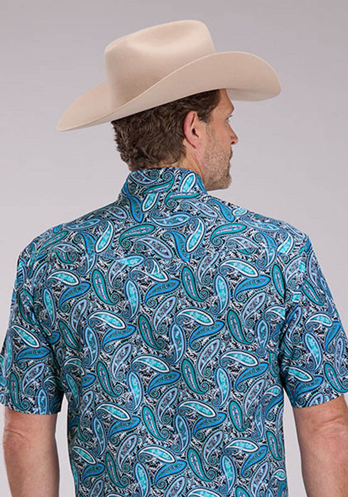 Roper Mens Sky Paisley Blue 100% Cotton S/S Shirt