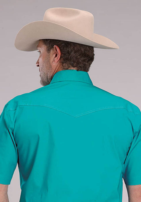Roper Mens 2509 Solid Stretch Poplin Turquoise Cotton Blend S/S Shirt
