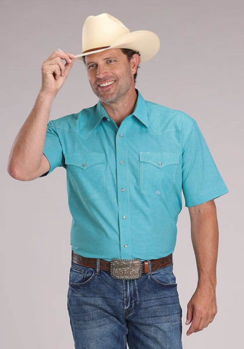 Roper Mens 2510 Stretch Mini Check Turquoise Cotton Blend S/S Shirt
