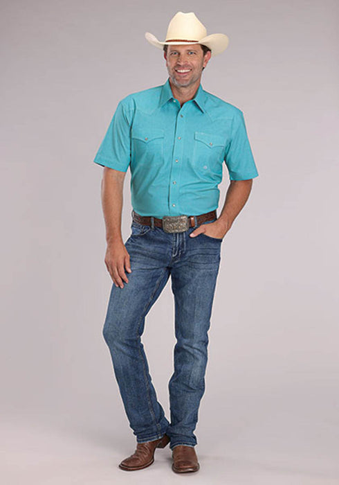Roper Mens 2510 Stretch Mini Check Turquoise Cotton Blend S/S Shirt