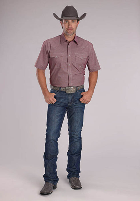 Roper Mens 2510 Stretch Mini Check Wine Cotton Blend S/S Shirt