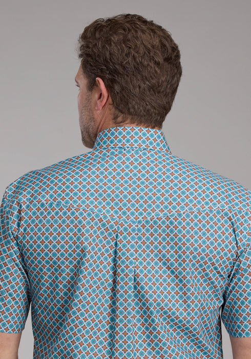 Roper Mens Turquoise Tile Foulard Blue 100% Cotton Btn S/S Shirt