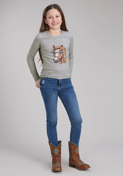 Roper Kids Girls Flower Horse Grey Cotton Blend L/S T-Shirt