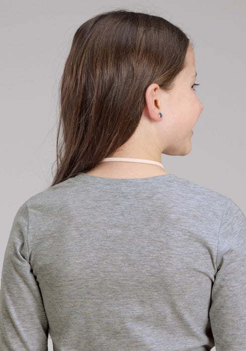 Roper Kids Girls Flower Horse Grey Cotton Blend L/S T-Shirt