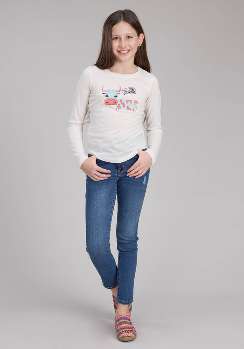 Roper Kids Girls Cow You Doing Cream Poly/Rayon L/S T-Shirt