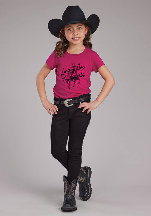 Roper Youth Girls Long Live Cowgirls Pink Poly/Rayon S/S T-Shirt