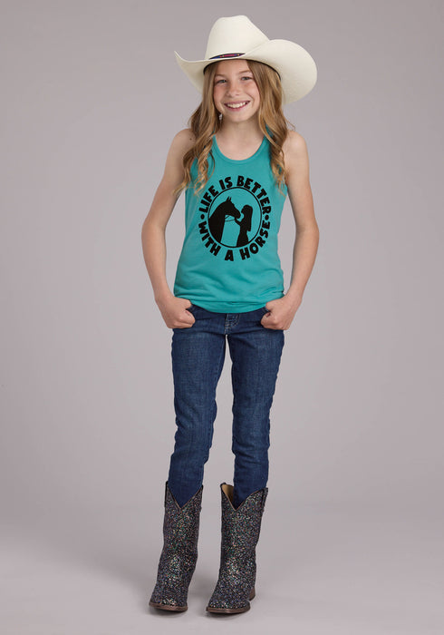 Roper Youth Girls Life Is Better With A Horse Turquoise Poly/Rayon S/L Tank Top