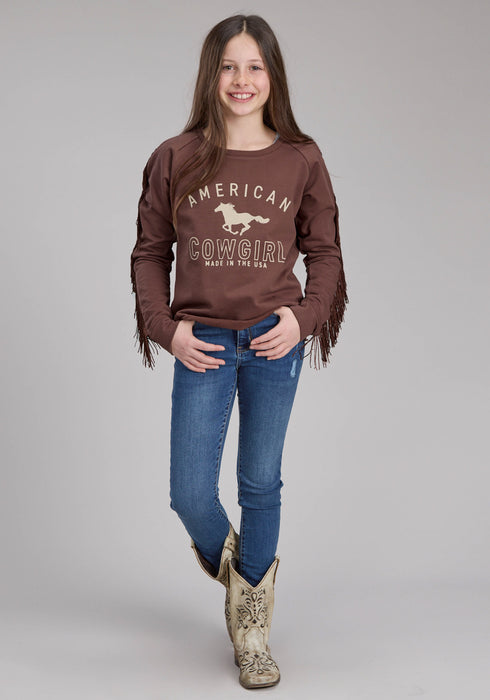 Roper Kids Girls American Cowgirl Brown 100% Cotton Fringe Sweatshirt