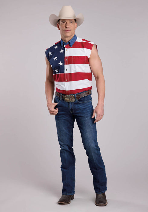 Roper Mens American Flag Red/Blue 100% Cotton S/L Shirt