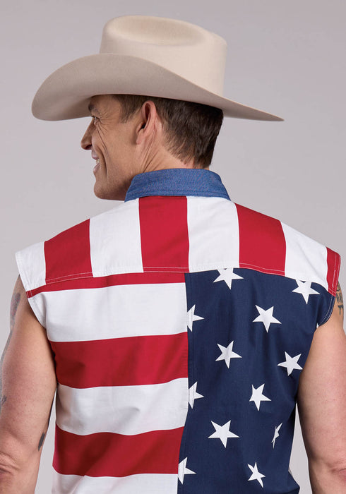 Roper Mens American Flag Red/Blue 100% Cotton S/L Shirt