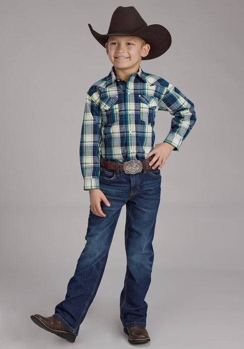 Roper Kids Boys 2183 Contrast Dobby Blue/White 100% Cotton L/S Shirt