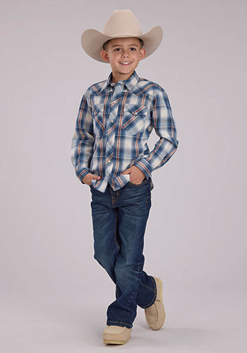 Roper Kids Boys 2461 Dusk Dobby Blue/White 100% Cotton L/S Shirt