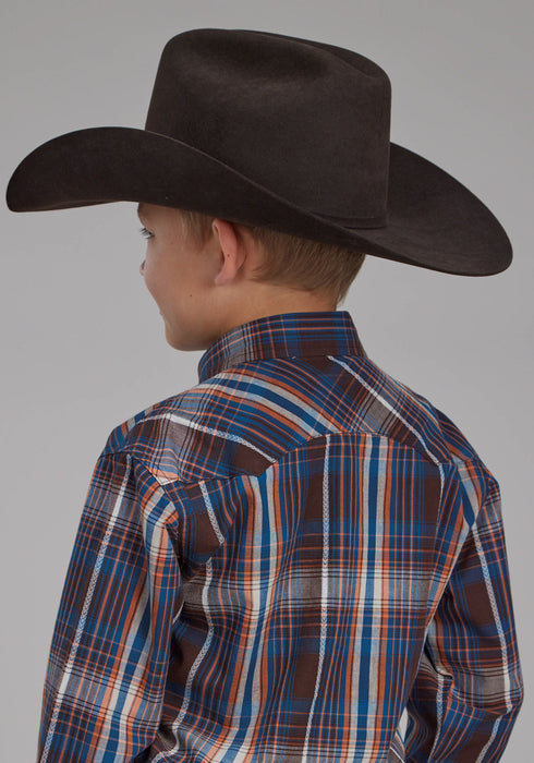 Roper Kids Boys 2176 Arrow Dobby Brown/Orange 100% Cotton L/S Shirt