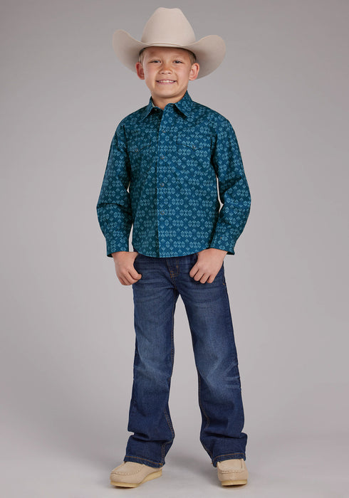 Roper Youth Boys 2350 Diamond Print Blue 100% Cotton L/S Shirt