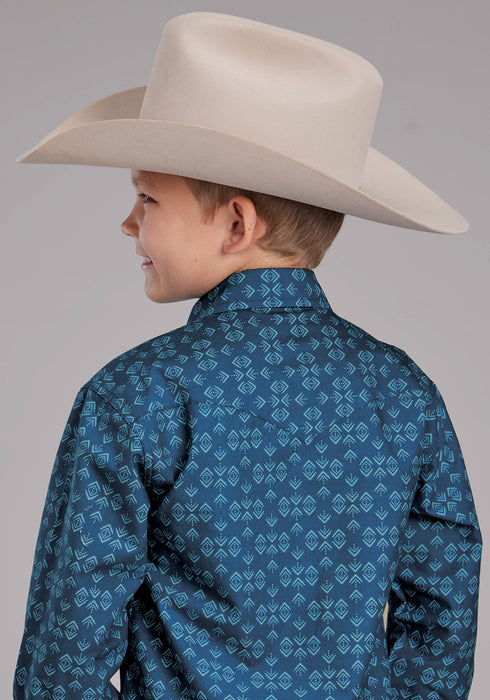 Roper Youth Boys 2350 Diamond Print Blue 100% Cotton L/S Shirt