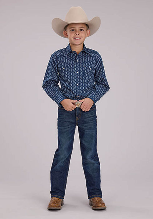 Roper Kids Boys Drybrush Diamonds Blue 100% Cotton L/S Shirt