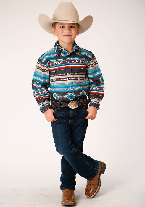 Roper Kids Boys Aztec Blanket Blue 100% Cotton L/S Shirt