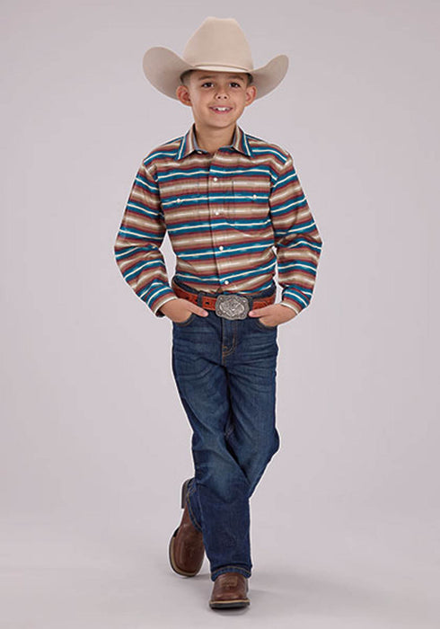 Roper Kids Boys Mini Aztec Stripe Brown/Blue 100% Cotton L/S Shirt