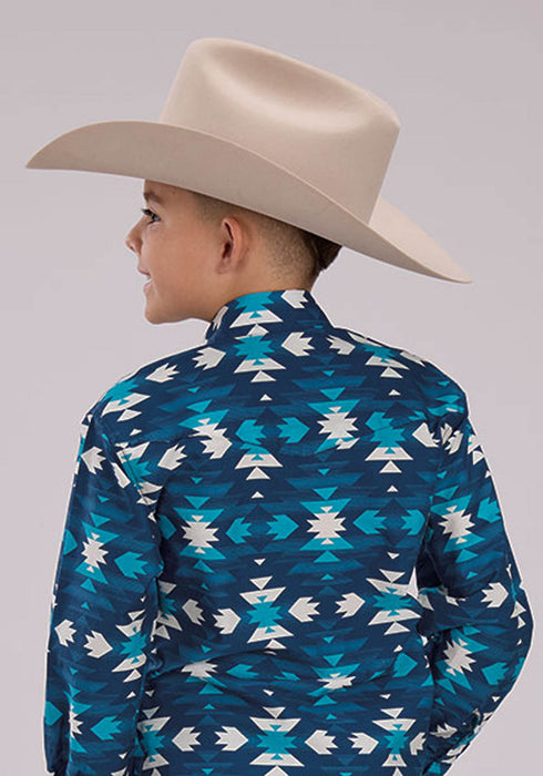 Roper Kids Boys 2467 Aztec Serape Blue/White 100% Cotton L/S Shirt