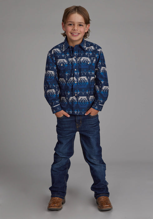Roper Kids Boys Ombre Aztec Blue 100% Cotton L/S Shirt