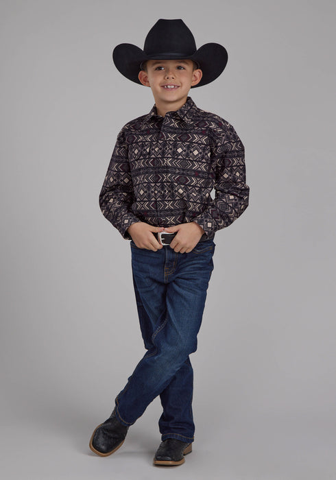 Roper Kids Boys Pop Color Aztec Grey 100% Cotton L/S Shirt