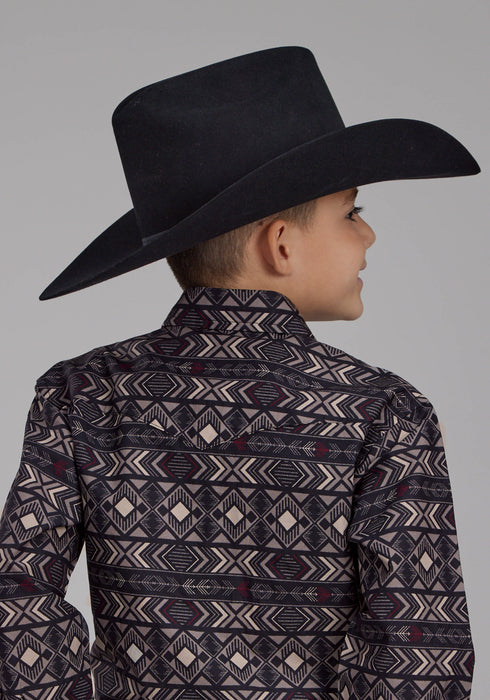 Roper Kids Boys Pop Color Aztec Grey 100% Cotton L/S Shirt