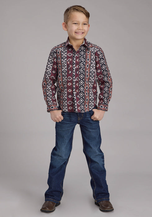Roper Kids Boys 2178 Winter Aztec Black/Red 100% Cotton L/S Shirt