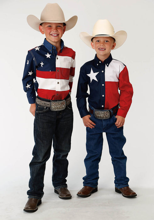 Roper Kids Boys Pieced Stars and Stripes Red/Blue 100% Cotton Btn L/S Shirt