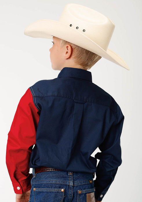 Roper Kids Boys Texas Pieced Flag Navy/Red 100% Cotton Btn L/S Shirt