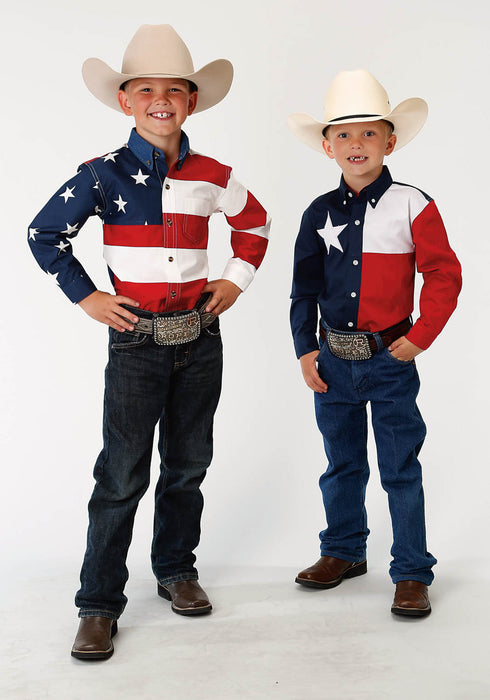 Roper Kids Boys Texas Pieced Flag Navy/Red 100% Cotton Btn L/S Shirt