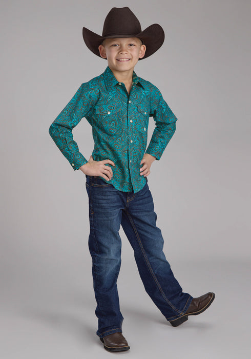 Roper Kids Boys 2238 Mallard Paisley Teal 100% Cotton L/S Shirt