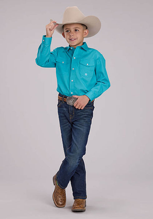 Roper Kids Boys 2509 Stretch Poplin Turquoise Cotton Blend L/S Shirt