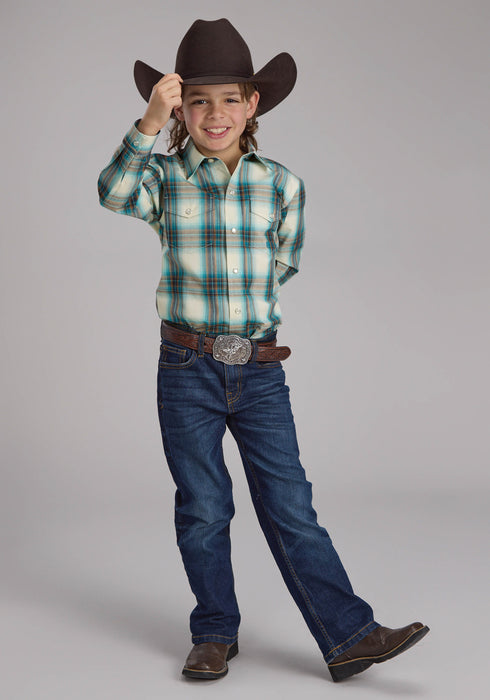 Roper Kids Boys Taos Ombre Plaid Brown 100% Cotton L/S Shirt