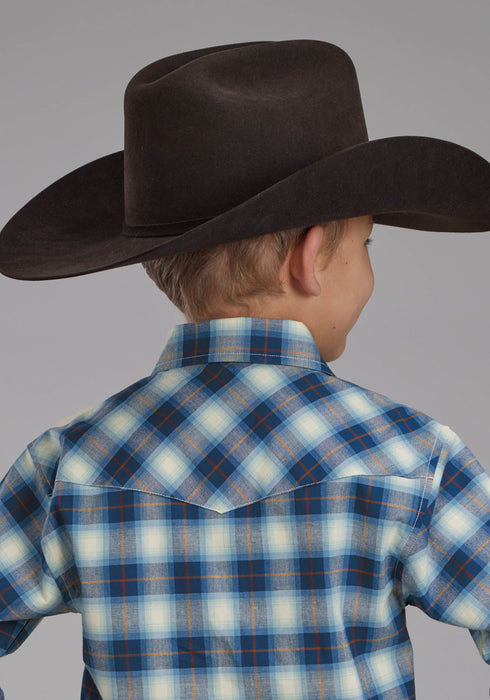 Roper Kids Boys Stretch Plaid Blue Cotton Blend L/S Shirt