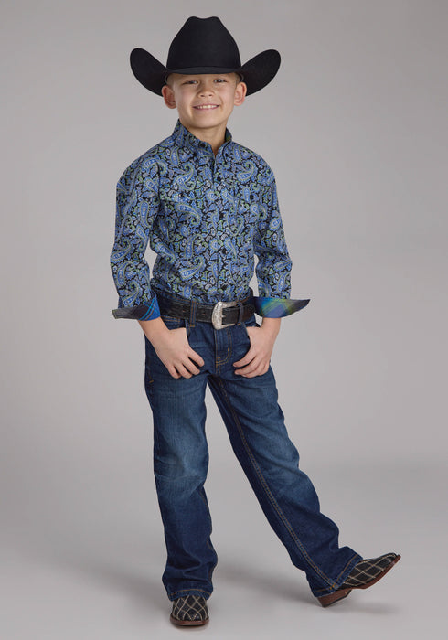 Roper Kids Boys 2239 Cobalt Paisley Blue 100% Cotton Btn L/S Shirt