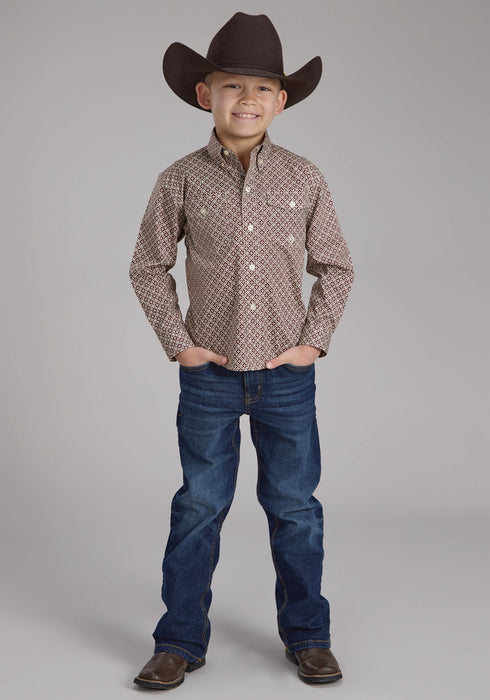 Roper Kids Boys Four Point Foulard Wine Cotton Blend Btn L/S Shirt