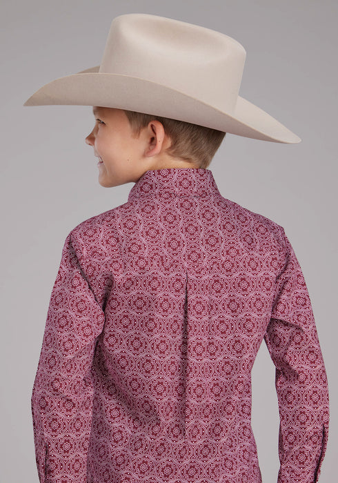 Roper Kids Boys Stretch Medallion Paisley Red Cotton Blend Btn L/S Shirt