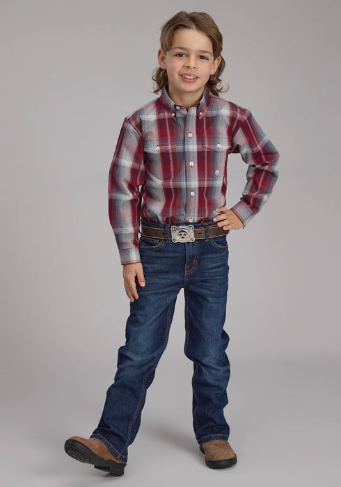 Roper Kids Boys 2248 Plaid Wine/Smoke 100% Cotton Btn L/S Shirt
