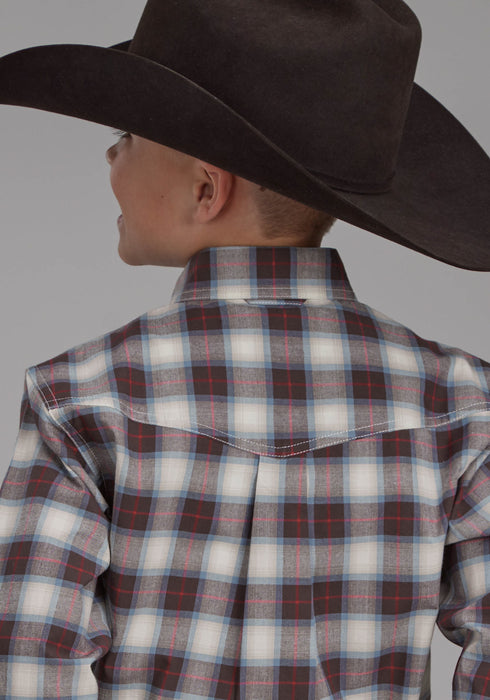 Roper Kids Boys 2164 Stretch Plaid Brown Cotton Blend Btn L/S Shirt
