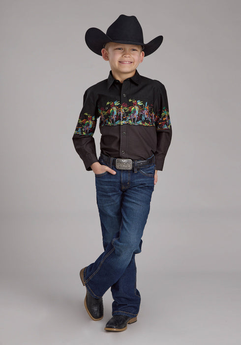 Roper Kids Boys Scribble Bullriders Black 100% Cotton L/S Shirt