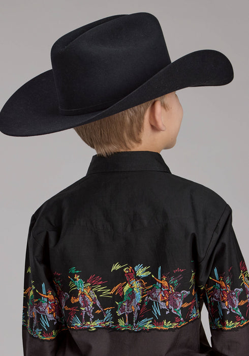 Roper Kids Boys Scribble Bullriders Black 100% Cotton L/S Shirt